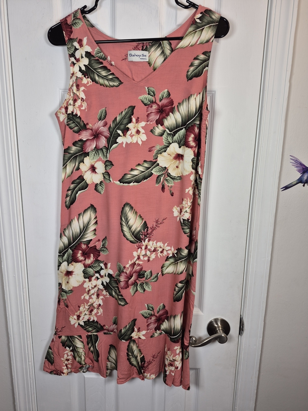 Vintage Bishop St Apparel Hawaiian Floral Sundress Pink Coral Hibiscus Ruffle L